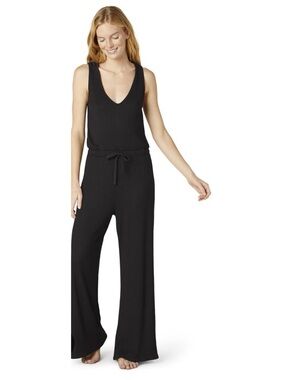 NWOT Beyond Yoga Black Ribbed Sleeveless Wide-Leg Jumpsuit